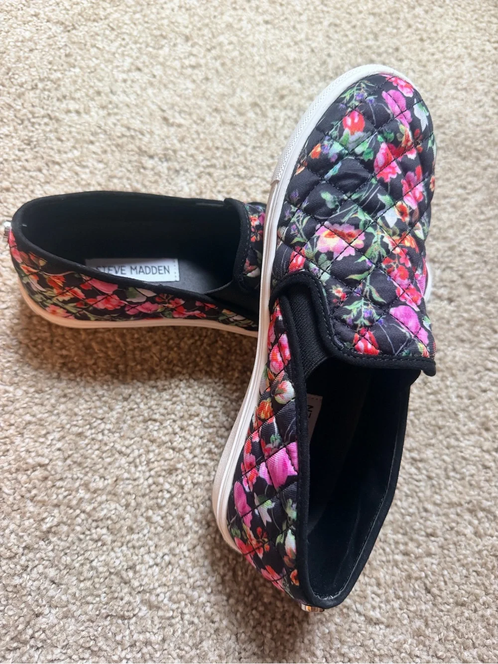 Steve Madden Black Quilted Slip-On Sneakers with Pink Floral Print